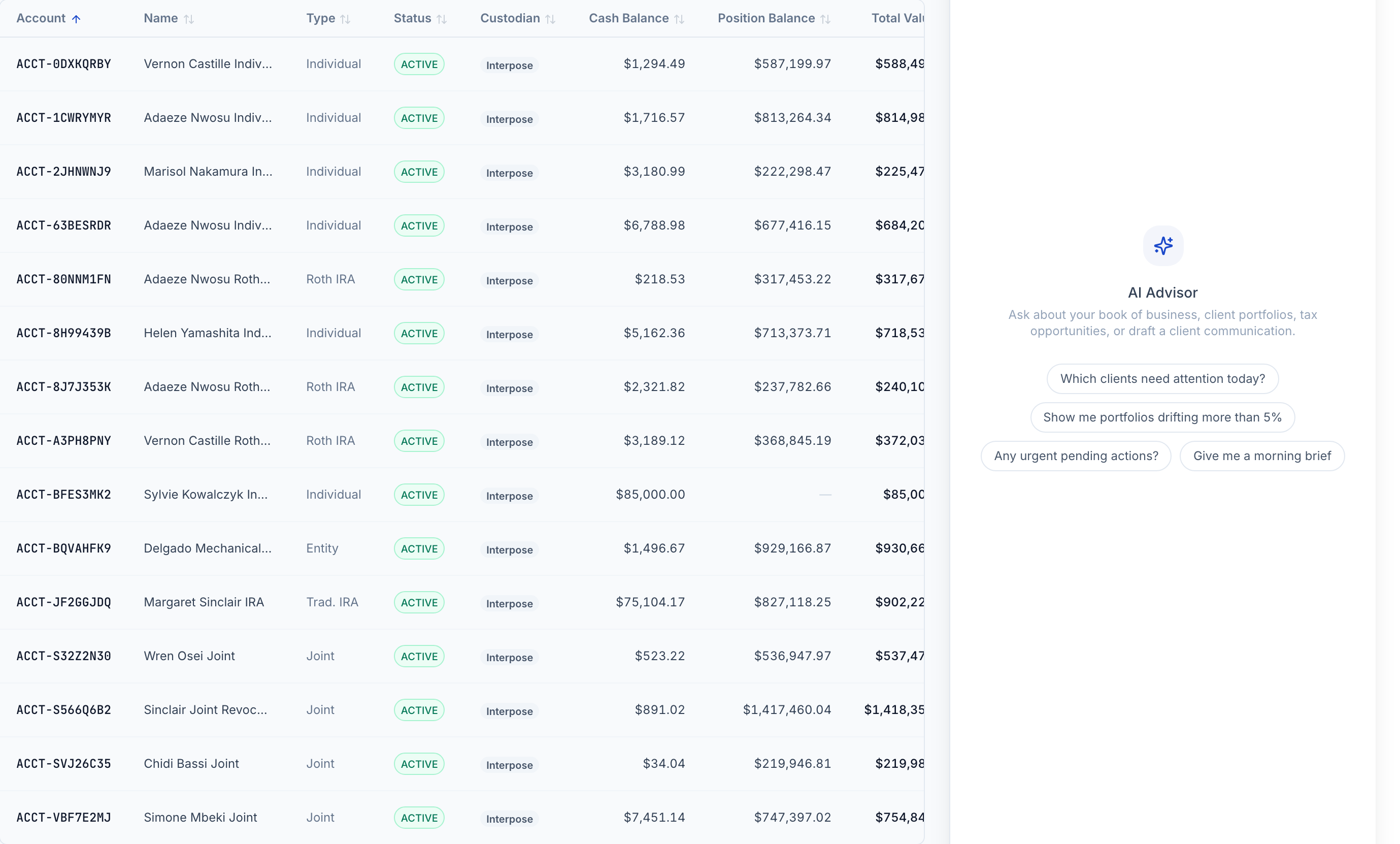 Accounts table showing balances across multiple custodians in one view